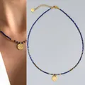 Collar delicado de cuentas de lapislázuli con colgante de sol dorado - Estilo Colgante Disco Redondo de Cuentas Azul Oscuro / 38+5cm