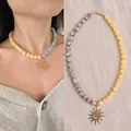Collar artesanal de cuentas de piedra natural con colgante de sol dorado, estilo retro - Estilo Colgante Sol de Cuentas de Leopardo