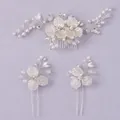 Ensemble de peigne et épingles à cheveux de mariée avec fleurs et perles - Ensemble d'épingles à cheveux argentées pour sorties HS-J7379S