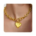 Gold chunky chain necklace with a 3D heart pendant, worn by a model, SKU variant image. - Classic Heart Pendant Necklace (x338) / Gold
