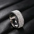 Detailed close-up of a titanium steel ring encrusted with five rows of sparkling crystals. - Size 7 / 8mm Full Rhinestone Style / Silver