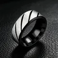 Detail of 8mm men's stainless steel ring showing brushed silver finish and black diagonal grooves. - Size 7 / 8mm / Black