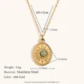 Collier en acier inoxydable plaqué or 18K avec pendentif soleil et marbre vert - Pendentif Pierre Naturelle Soleil Ovale (N3232-3243)