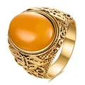 Bague vintage en acier inoxydable pour femmes avec grande pierre naturelle jaune et gravée - Or Topaze Jaune