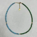 Detail of handmade beaded necklace with green and blue natural stones and gold beads - Necklace / 38+5cm / Spliced Malachite