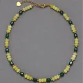 Handmade vintage necklace featuring faceted green natural stones and gold spacer beads - Necklace / 38+5cm / Yellow & Green Contrast