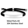 Adjustable black braided rope bracelet with 304 stainless steel bar for engraving - Black Rope / Silver Metal