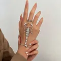 Vintage silver-toned scorpion slave bracelet featuring rhinestones and a linked ring design - Scorpion Ring-Linked Bracelet (6532) / Silver