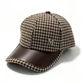 Cappellino da baseball classico in lana pied de poule con visiera in pelle marrone moda - Adulto (Circonferenza regolabile 58cm) / Caffè