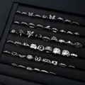Vintage dark style ring set featuring heart, spade, and butterfly designs in retro silver. - 6365201hb
