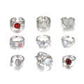 9-piece vintage silver-toned ring set featuring colorful heart and star synthetic gems - 5832601