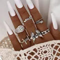 Retro dark punk silver ring set with butterfly snake and cherub designs for women - 5848301