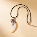 Vintage silver wolf head resin wolf tooth pendant necklace with adjustable black leather cord - Wolf Head Pendant + Wax Cord