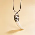 Men's wolf tooth resin pendant necklace with silver wolf head and black cord strap - Elephant Head Pendant + Wax Cord