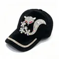 Close-up of black mink velvet baseball cap featuring a sparkling rhinestone fox design - Adult Size (58cm Adjustable) / Black