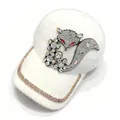 Detailed view of luxury white mink velvet baseball cap featuring a sparkling rhinestone fox - Adult Size (58cm Adjustable) / White
