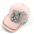 Close-up of pink ferret velvet winter hat with sparkling rhinestone fox and brim detail. - Adult Size (58cm Adjustable) / Pink