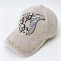 Detailed view of winter mink velvet baseball cap featuring a shiny rhinestone fox patch - Adult Size (58cm Adjustable) / Khaki