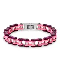 Detailed view of pink and purple stainless steel bicycle chain bracelet for men - Pink Purple