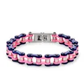 Detailed macro view of punk style pink and blue stainless steel bicycle chain bracelet - Pale Blue