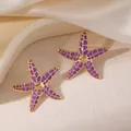 Boucles d'oreilles clous étoile de mer en acier inoxydable violet avec détails dorés - Boucles d'Oreilles Clous Étoile de Mer à Points Violets (2189)