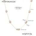 Detailed view of stainless steel necklace with freshwater pearls and size dimensions. - Five-Bead Embellished Necklace Style (P1087) / Gold