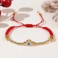 Handmade red string bracelet with golden beads and blue enamel Evil Eye charm for protection - Red Woven Pendant Style
