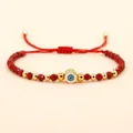 Handmade red beaded Evil Eye bracelet with gold accents and an adjustable drawstring knot - Red Faceted Beads Pendant Style