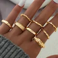 7-piece set of gold-colored textured stackable knuckle rings for women - Gold Hammered Wave Knuckle Ring 7-Piece Set (6648101HB) / Gold