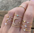 Elegant 7-piece gold knuckle ring set with heart moon and rhinestone accents for women - Gold Opal Heart Moon Ring 7-Piece Set (5533902) / Gold