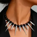 Punk gothic black bead necklace with sharp silver cone spikes for alternative fashion - Black Bead & Spike Radiant Necklace (Z-143) / Silver