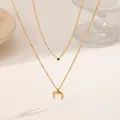 Elegant double layer gold plated necklace with green zircon and crescent moon pendant - Crescent Moon Necklace / Gold
