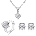 Elegant square princess cut cubic zirconia jewelry set with necklace ring and earrings - Bright Silver 4255 (3-Piece Set)