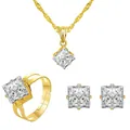 Gold plated jewelry set with square-cut cubic zirconia necklace, ring and earrings - Imitation Gold 3969 (3-Piece Set)