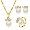 Elegant pearl and zircon jewelry set featuring a necklace, stud earrings and an adjustable ring. - KC Gold 7968 (3-Piece Set)