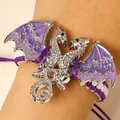 Detailed vintage silver dragon bracelet with purple enamel wings and woven rope band - Woven Bracelet (7446) / Purple