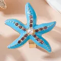 Bague étoile de mer en émail bleu avec strass violets et perle centrale élégante - Bague Étoile de Mer Perle Bleu Lac (WR1143) / Plaqué Or