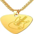 Golden guitar pick necklace with engraved electric guitar pattern for men - Wheat Chain / Gold