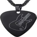 Black guitar pick pendant necklace with engraved electric guitar pattern - Wheat Chain / Black