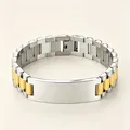 Two-tone stainless steel watchband bracelet with a blank engravable curved plate - 21cm * 15mm / Silver-Gold 3-Bead