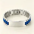 Blue and silver stainless steel watch strap style bracelet with blank identification plate. - 21cm * 15mm / Silver-Blue 3-Bead