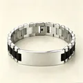 Silver and black stainless steel watch band style bracelet featuring a curved metal ID plate - 3-Bead Watch Strap Style / 21cm * 15mm / Two-tone Black