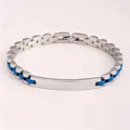 Two-tone silver and blue stainless steel watch-style link bracelet with ID plate - Triple Bead Chain / 21cm * 6mm / Silver Blue