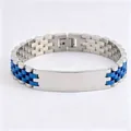Silver and blue stainless steel watch-link bracelet with a curved ID plate for women - 5-Bead Watch Strap Style / 21cm * 12mm / Blue & Silver