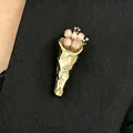 Elegant gold flower bouquet brooch with pink dried roses on black fabric background - KC Gold Brooch (20-5466-Without Bouquet) / KC Gold