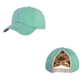 Detailed view of a mint green knit ponytail baseball cap with criss-cross back design - Cyan / Adult, Hat Circumference 58cm Adjustable