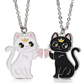 Pair of cartoon cat BFF magnetic necklaces with pink heart pendants for girls jewelry - Black and White Cats Magnetic Pair Necklace (#23)