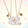 Pair of magnetic cat necklaces with gold BFF charms for best friends - White Cats Magnetic Pair Necklace (#24)
