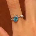 Adjustable silver sea turtle ring with a blue teardrop gemstone and small starfish - Silver Sea Turtle Starfish Open Ring (White K7034 (Copper))