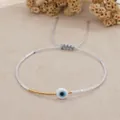 Braccialetto bohémien fatto a mano con malocchio e perline Miyuki bianche e dorate - Bianco (MI-B200498E)
